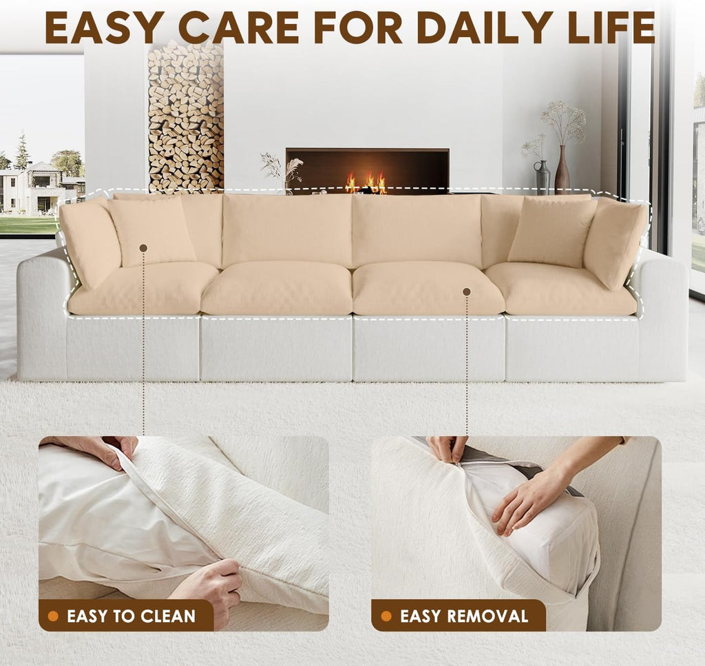 130' Oversized Boneless Cloud Couch, Modular Sectional Couches for Living Room, L-Shaped with Deep Seats, No Assembly Required, 4-Seater Washable Fabric Sleeper Sofa, White