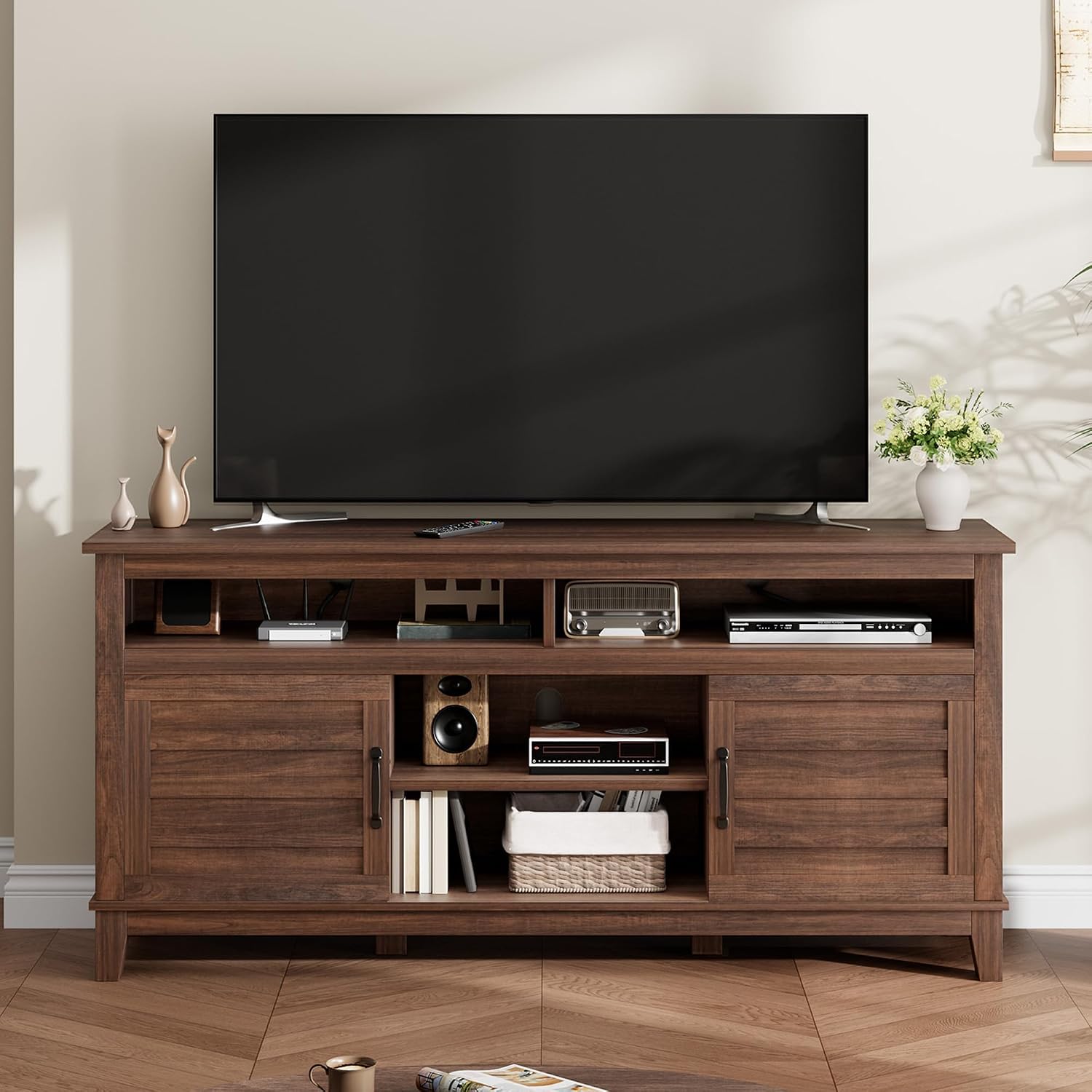 Garvee 63 Inch TV Stand, Entertainment Center with Adjustable Shelves, Farmhouse TV Stand with Cabinet Doors,for Living Room