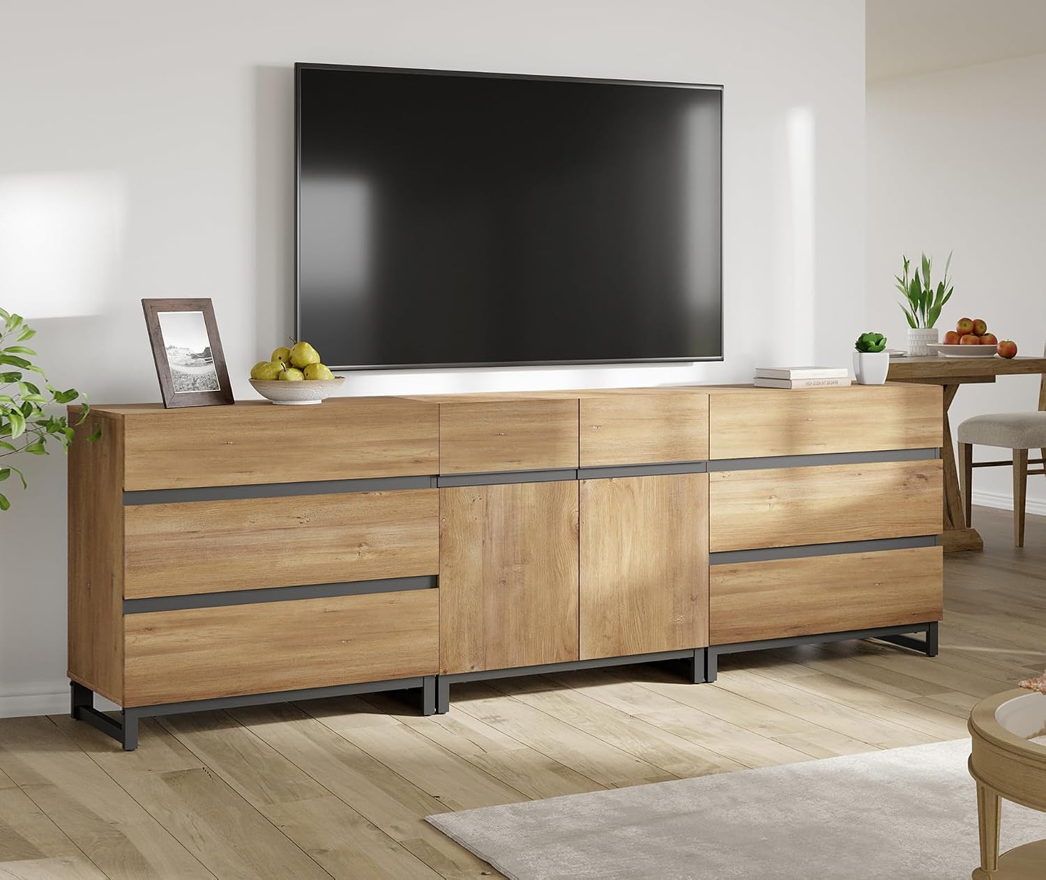 WAMPAT Modern TV Stand for TVs up to 100 Inch, 3-in-1 TV Console with Adjustable Shelves and 6 Drawers, Media Console for Living Room and Bedroom, Oak