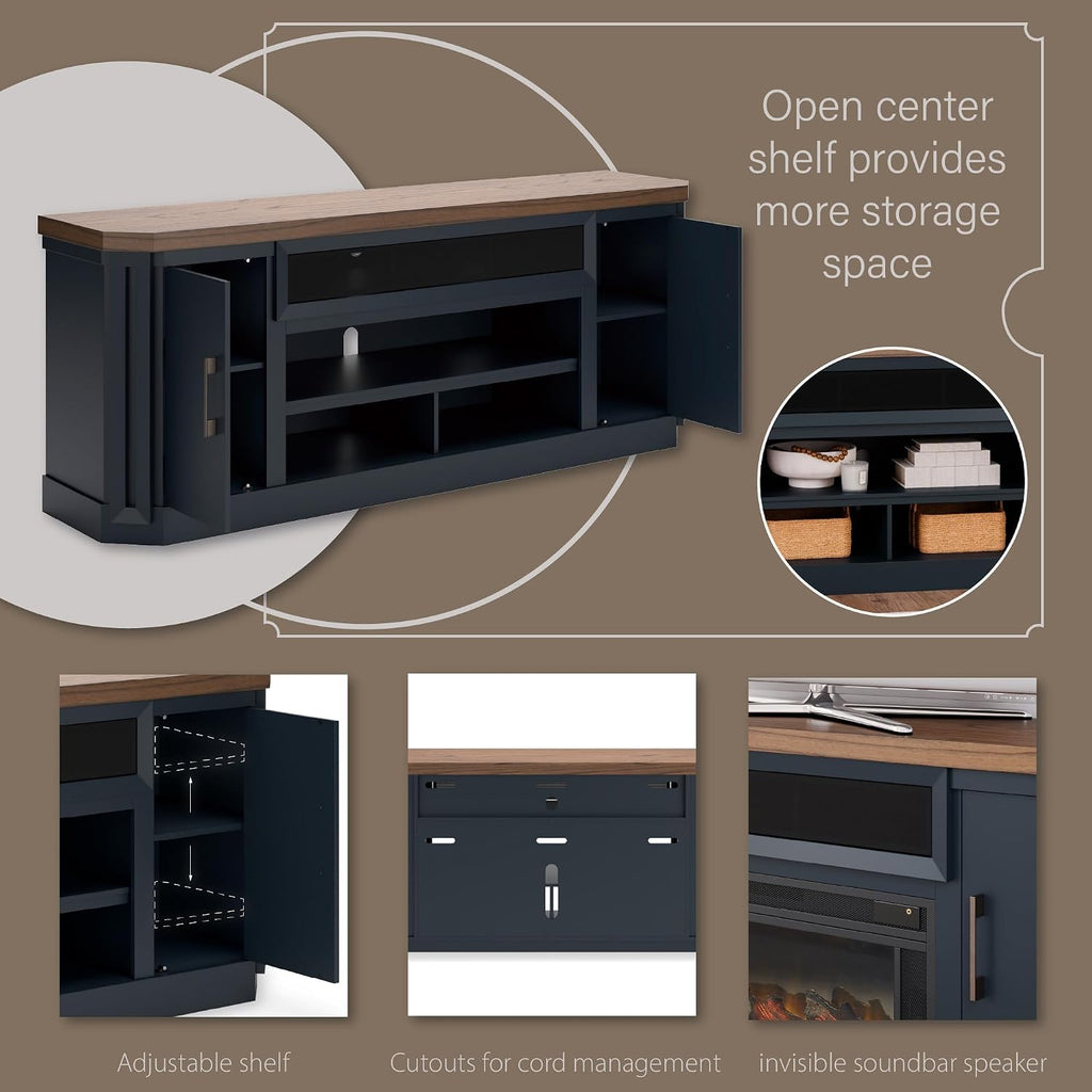 Signature Design by Ashley Landocken Contemporary 83' TV Stand for TVs up to 95' with Fireplace Option, 2 Cabinets, 2 Doors, 2 Adjustable Shelves, Open Cubbies and Cord Openings, Dark Brown & Blue