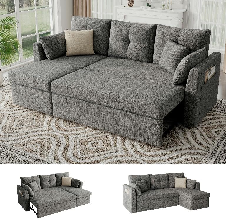 Huatean Home Sleeper Sofa Couch, 2 in 1 Sectional Sleeper Couch Bed with Side Pocket, Pullout Sofa Bed with Storage Chaise for Living Room, Dark Grey