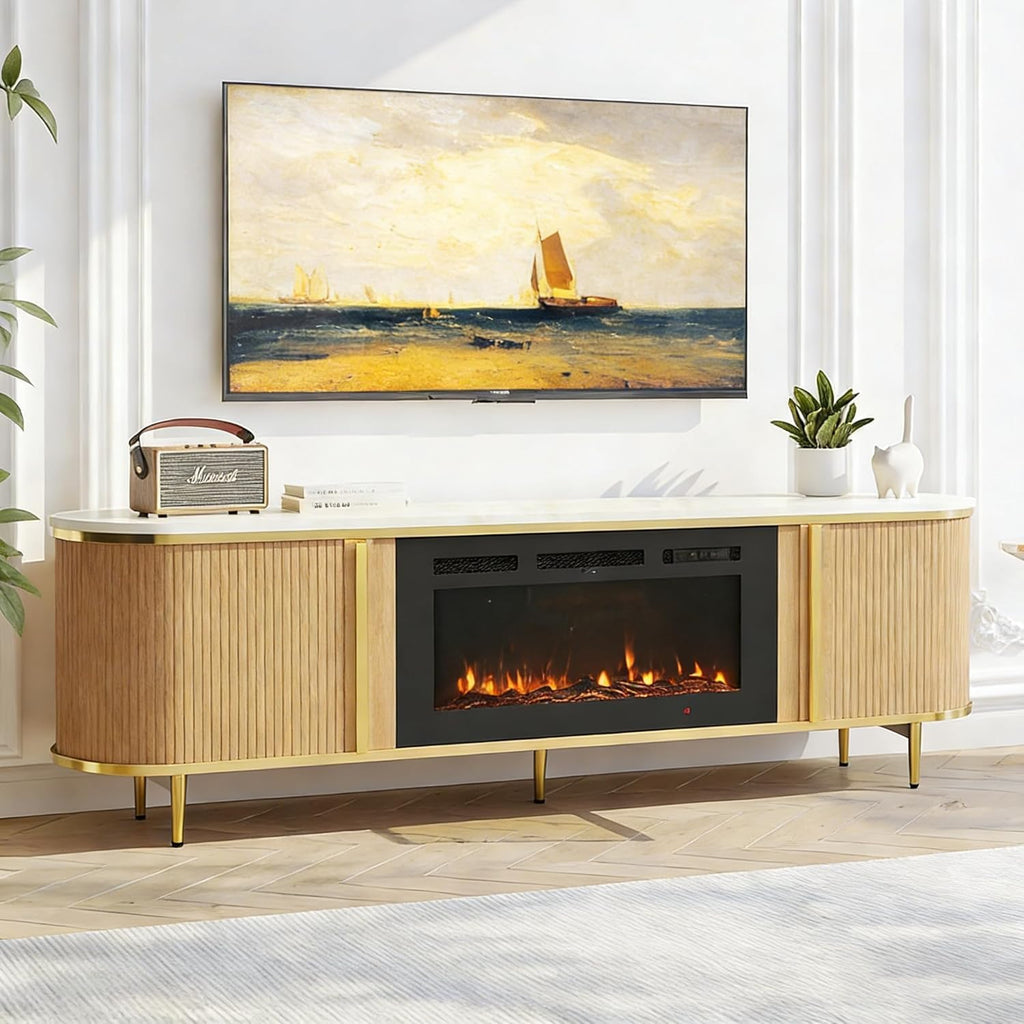 Luxury 70' Fluted TV Stand with Fireplace, Modern Chic Entertainment Center for TVs Up to 80', TV Console for Living Room, Media Cabinet with Storage,70 Inch, Oak