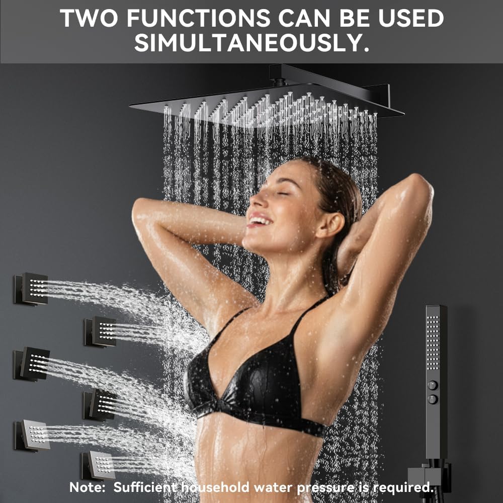 Matte Black Shower System with Body Jets, STARBATH 12 Inch Rainfall Shower and Handheld Spray, Wall Mounted Full Body Shower System Rough-in Mixer Pressure Balance Valve Shower Faucet Set Complete