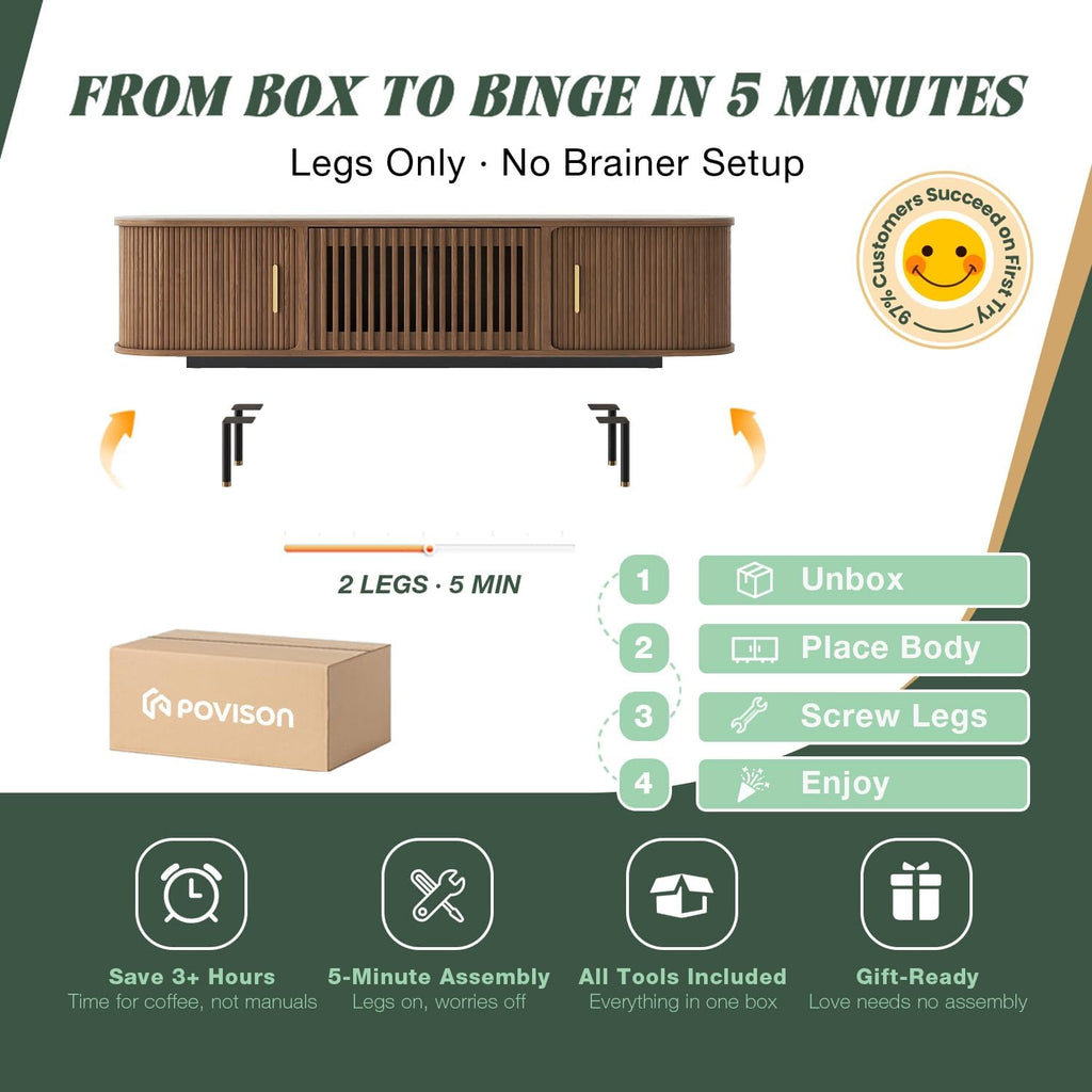 POVISON Fully-Assembled Sliding Tambour Door TV Stand, Mid Century Modern Sintered Stone TV Console, Wood Media Console for 70 Inch TV, Entertainment Center with Storage Cabinet(Walnut, 70.87')