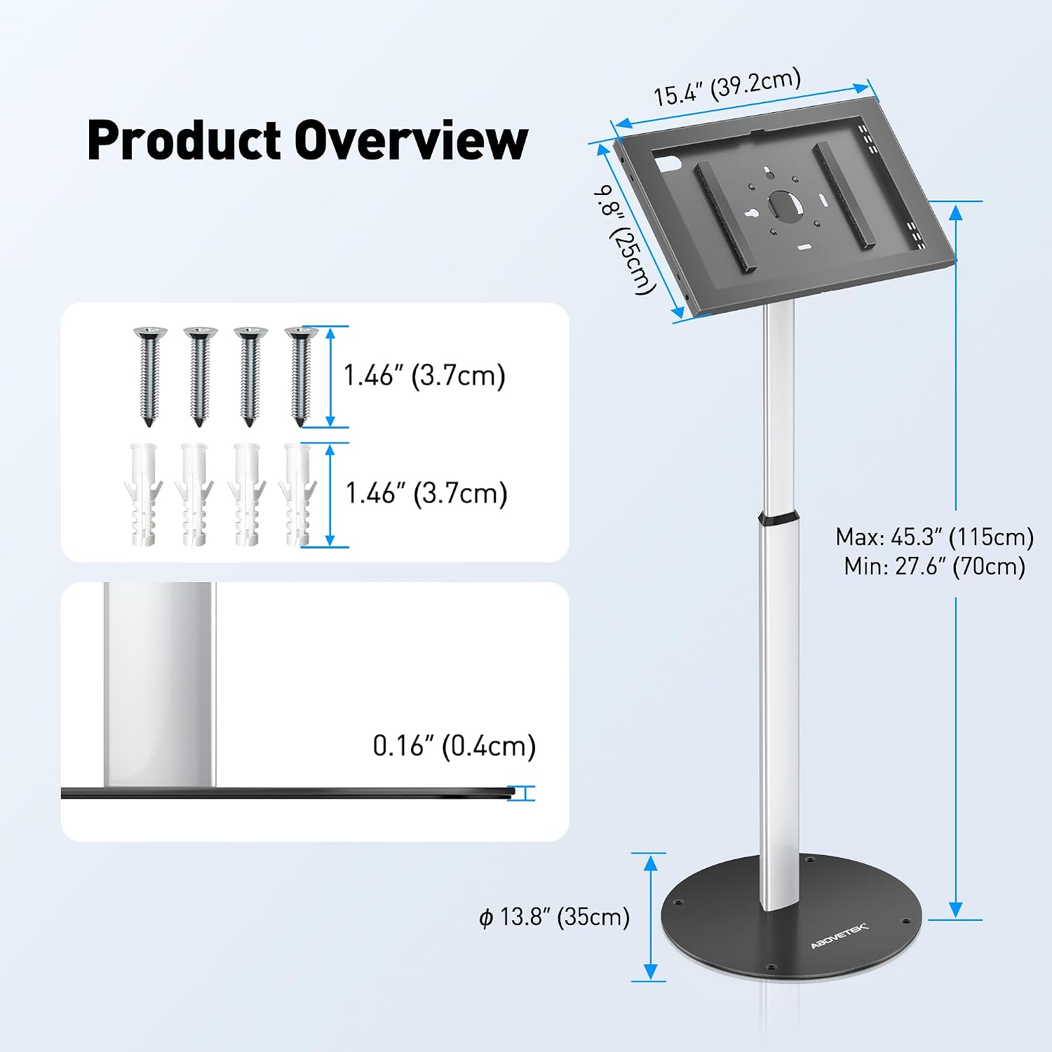 AboveTEK Tablet Floor Stand, Anti-Theft Kiosk Stand, Height Adjustable Tablet Stand Floor with Locking System, for 14.6' Samsung Galaxy Tab S8 Ultra, S9 Ultra, S10 Ultra, S11 Ultra, for Retail & POS