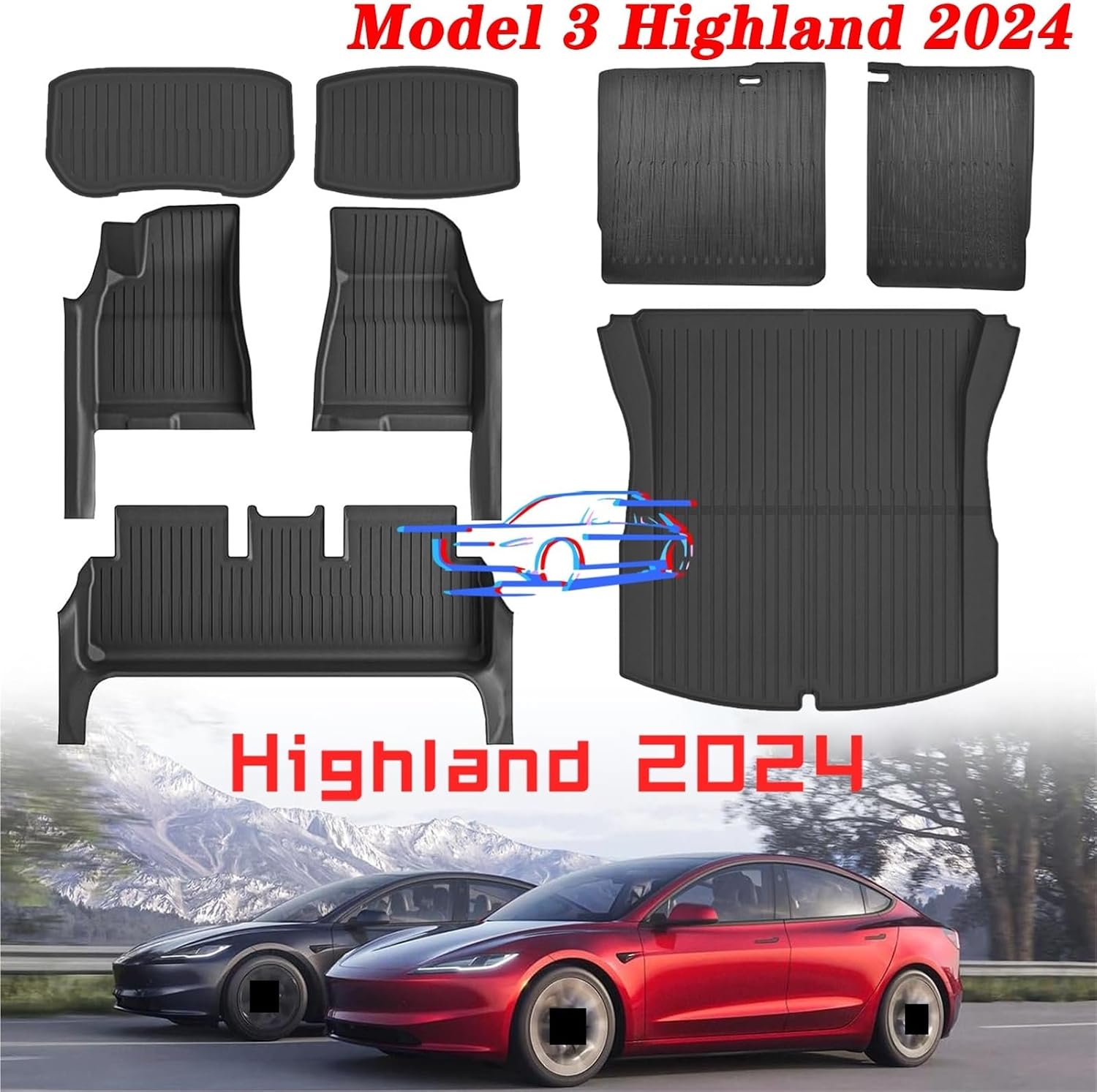 Compatible for Tesla Model 3 Highland 2024 TPE Full Cover Floor Mats with Door Sill Protector, Full Set Floor Liners Cargo Liner Seat Back(3PCS Floor Mats)