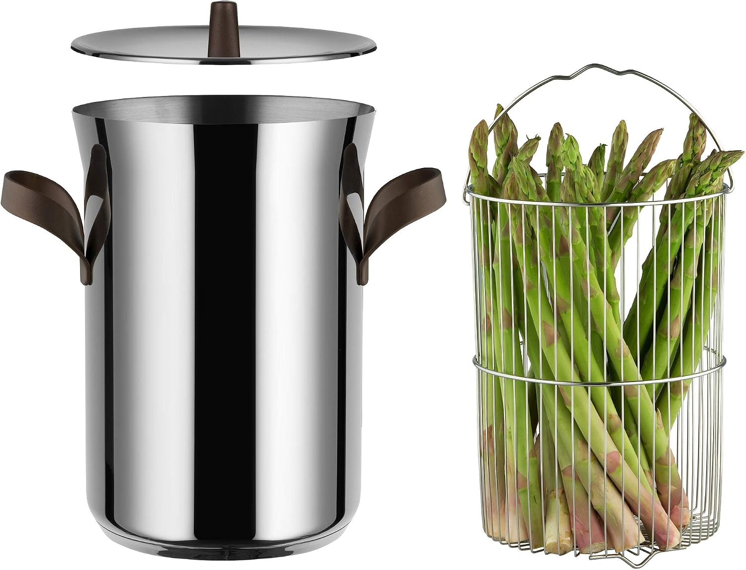 Alessi PU309 edo Asparagus steamer with basket and lid in 18/10 stainless steel. Handles in 18/10 stainless steel with PVD coating, brown. Magnetic steel bottom suitable for induction cooking.