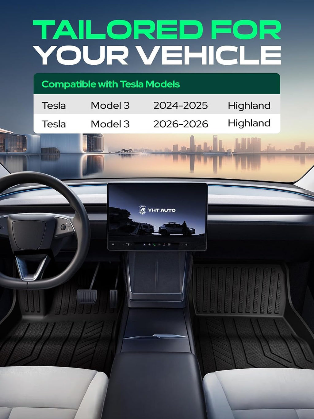YHTAUTO Floor Mats & Cargo Liners Compatible with Tesla Model 3 Highland 2024 2025 2026, TPE Floor Liners All Weather Custom Fit, 1st & 2nd Row & Cargo Trunk Mat & Lower Storage Mat, Set of 5, Black