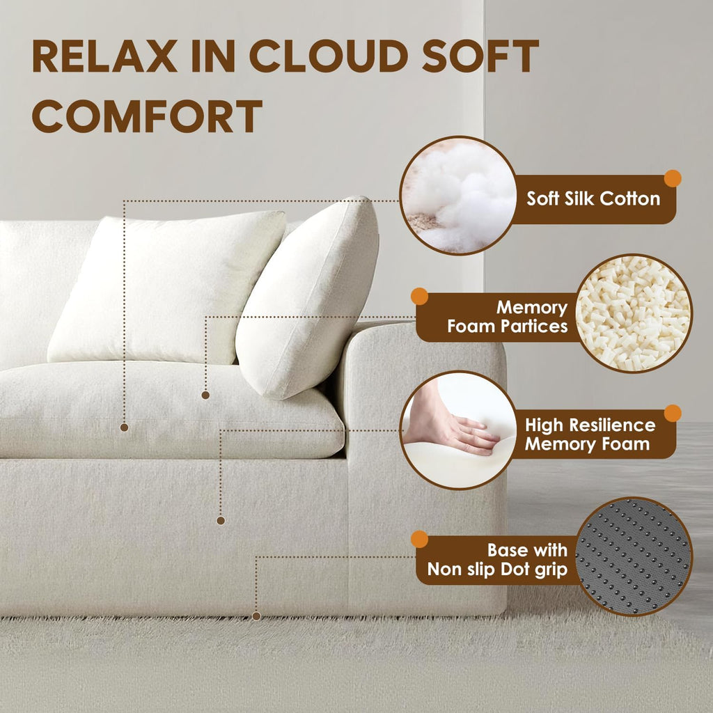 130' Oversized Boneless Cloud Couch, Modular Sectional Couches for Living Room, L-Shaped with Deep Seats, No Assembly Required, 4-Seater Washable Fabric Sleeper Sofa, White