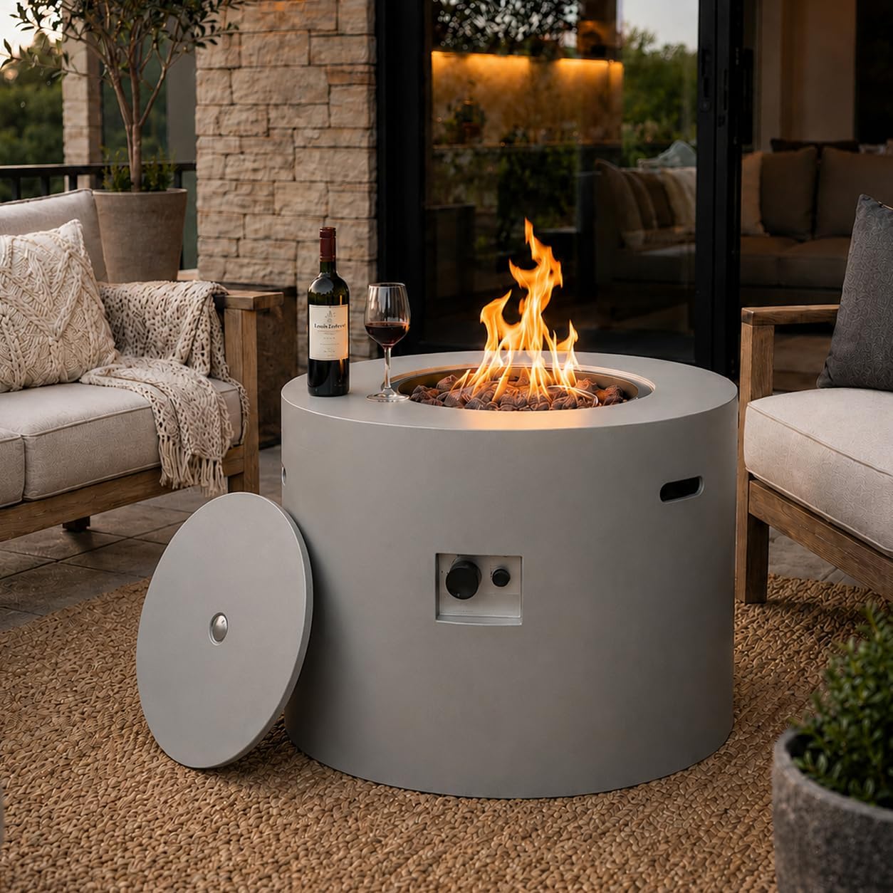 32' Smokeless Propane Fire Pit Table with Lid, Alloy Steel Round Outdoor Patio Dining Firepit 50,000 BTUs, Lava Rocks, Weatherproof Cover, CSA Safety Certified, for Wooden Deck, Backyard Pool, Grey