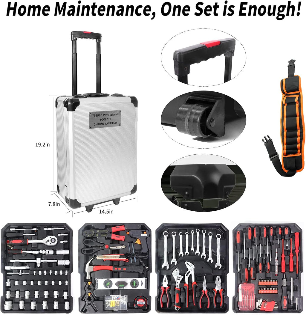 Tool Sets for Men, Tool Kit with Rolling, Complete Household Tool Set, Aluminum Trolley Case Tool Set,Tool kit as Gift on Father's Day