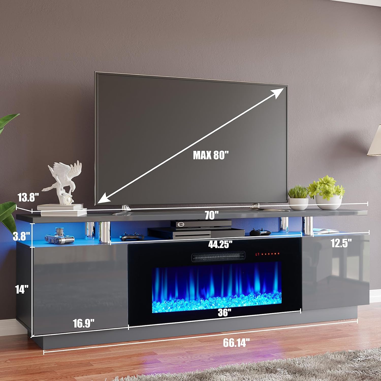 AMERLIFE Fireplace TV Stand with 36' Fireplace, 70' Modern Fireplace Entertainment Center LED Lights, 2 Tier TV Console Cabinet for TVs Up to 80', Grey