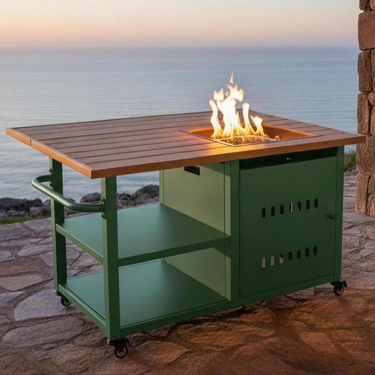 44' Propane Fire Pit, Outdoor Fire Pit Table with Cover, Outdoor Fireplace Gas Fire Pits for Outside Patio, Rectangular Firepit Table with Lid and Glass Rocks for Indoor/Deck/Backyard, Green