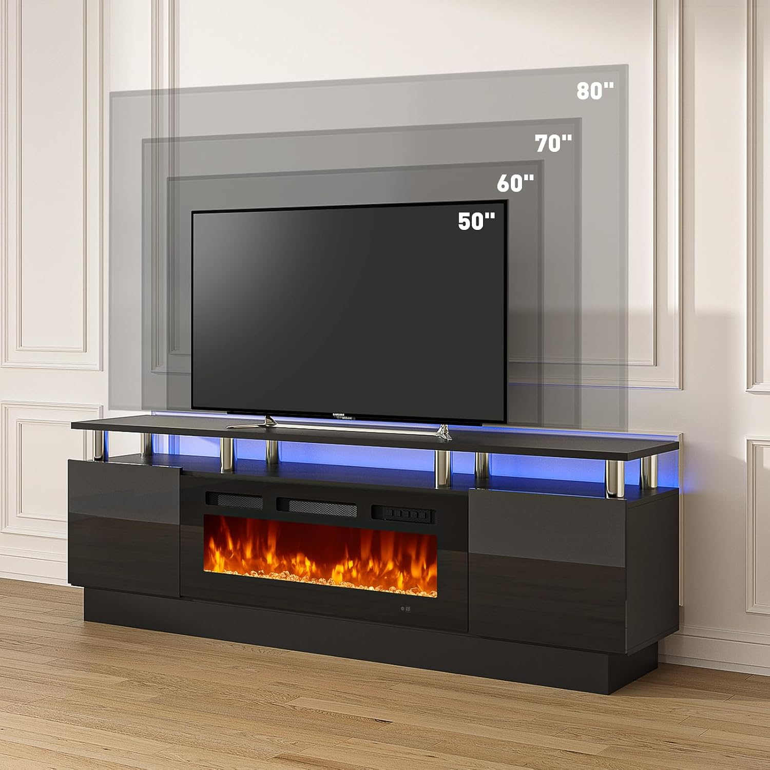 MXV 70' Fireplace TV Stand, Modern Entertainment Center & 36 Inch Electric Fireplace with Remote Control, LED Light, Fire Place Tv Stand for Living Room for TVs up to 80', Black + Black