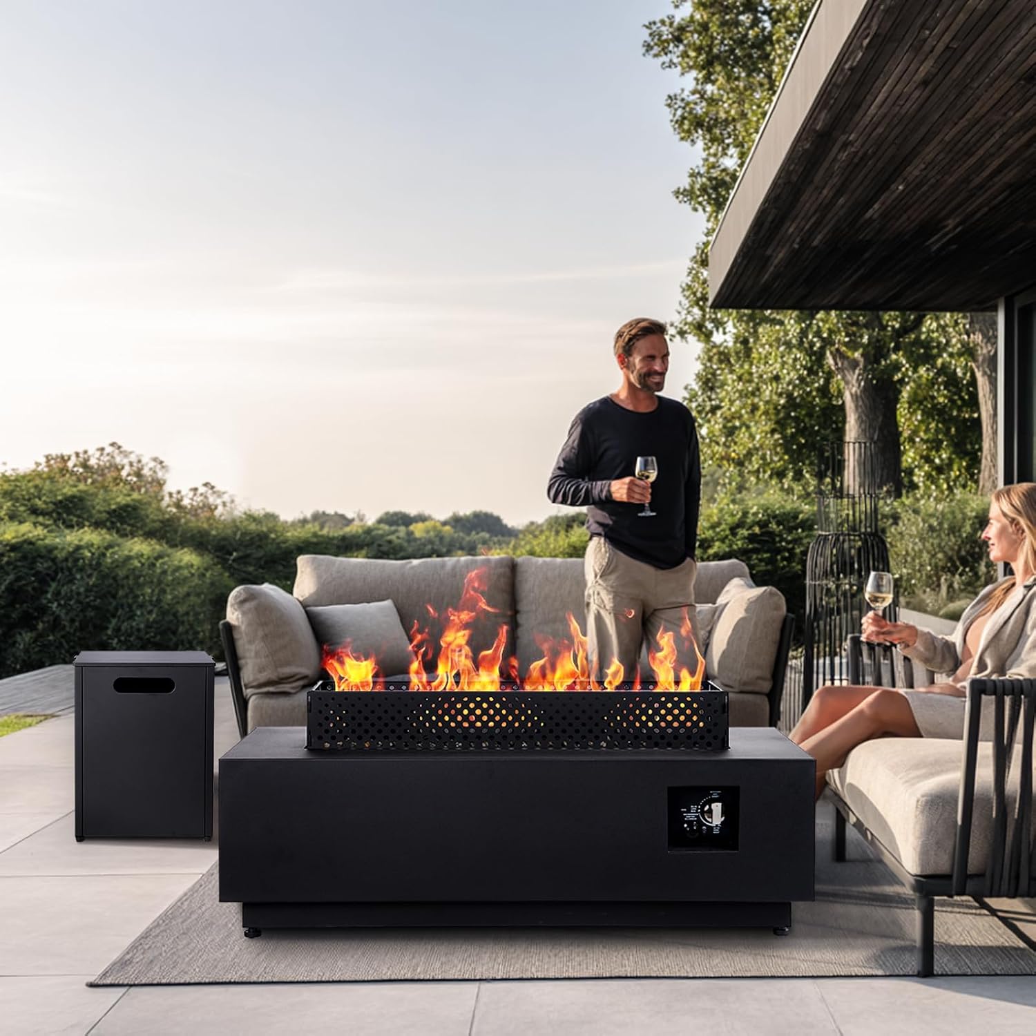48 Inch Propane Fire Pit Table, 3-in-1 Rectangle Gas Fire Pits, 50,000 BTU Outdoor Fire Pit with Tank Cover, Griddle and Rain Cover, Suitable for Patio, Balcony and Courtyard