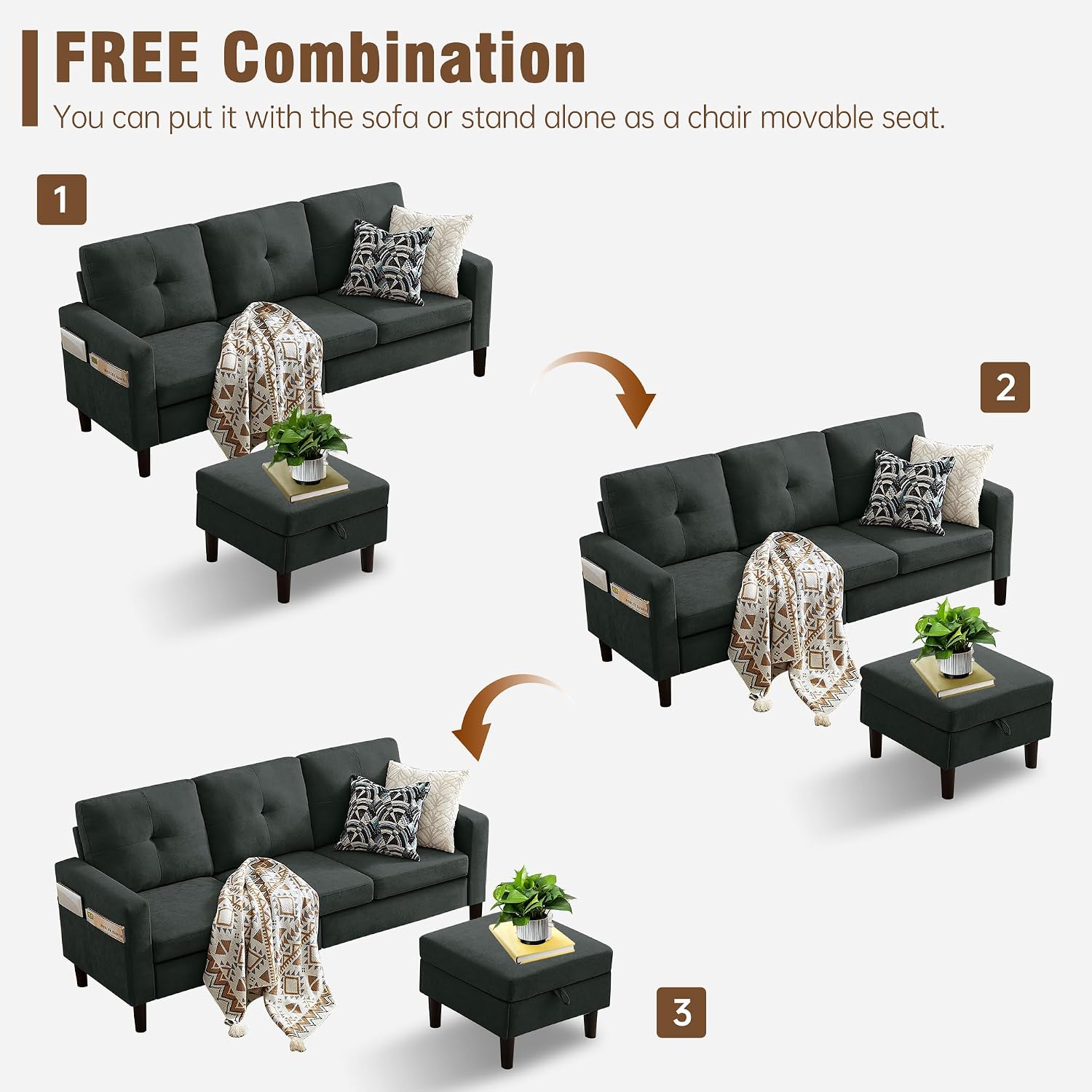 3 Piece Living Room Sofa Sets, Modern 3 Seater Sofa with Storage Ottoman and 2 PSC Armchair Couch Sets, Easy Assembly, Modern 5 Seat Sectional Couches for Living Room, Office,Black
