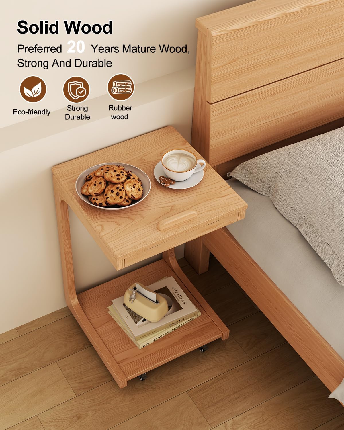 AQIMUELE Wooden C-Shaped End Table,Couch Table with Adjustable Desktop,Small Rolling Side Table with 2 Lockable Wheels,Small End Table for Couch, Living Room,Bedroom (Natural)