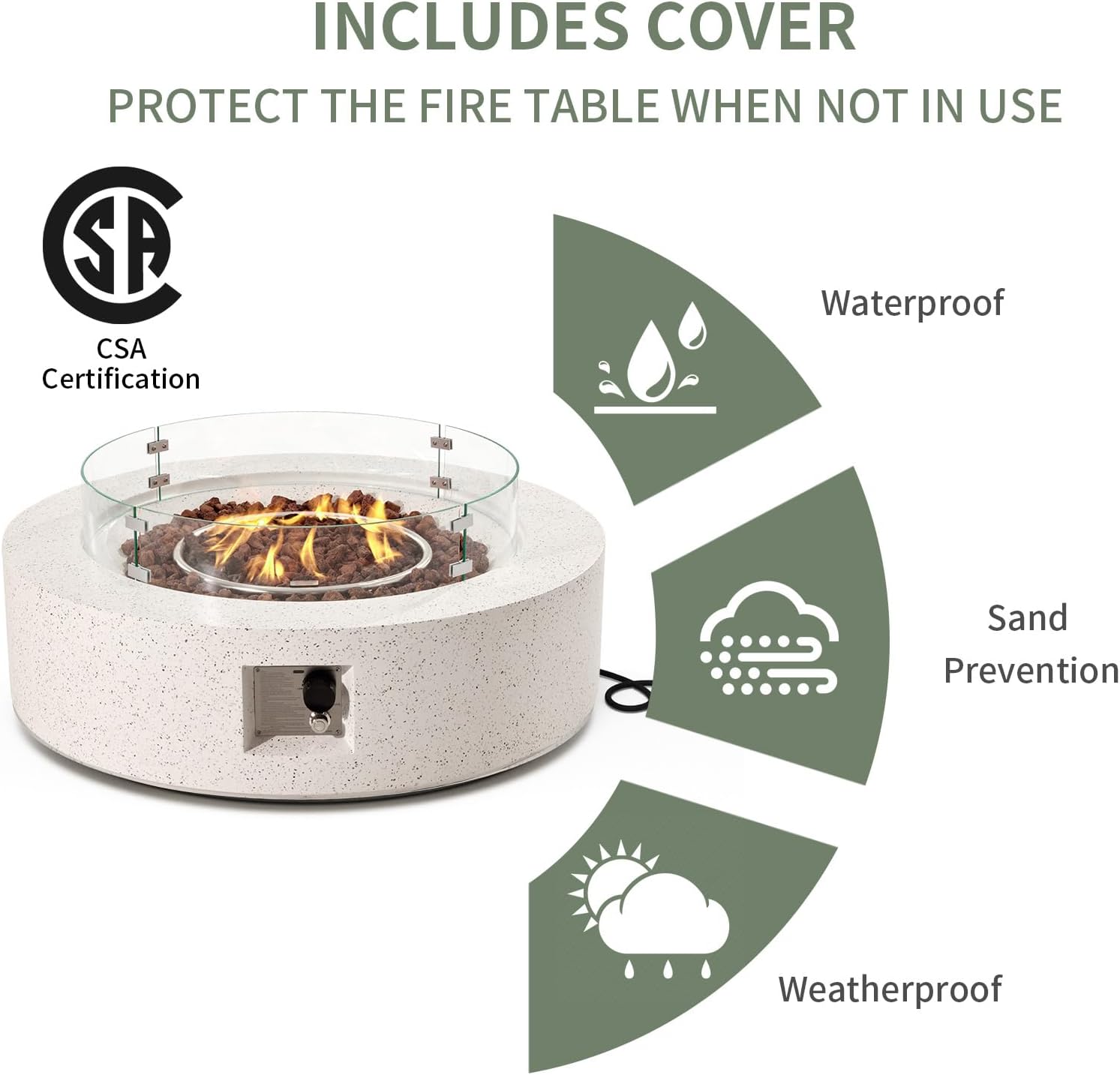 COSIEST Outdoor Propane Fire Pit Coffee Table w Beige 42 inch Round Base Patio Heater, Certified, 50,000 BTU Stainless Steel Burner, Wind Guard, Tank Outside, Free Lava Rocks, Waterproof Cover