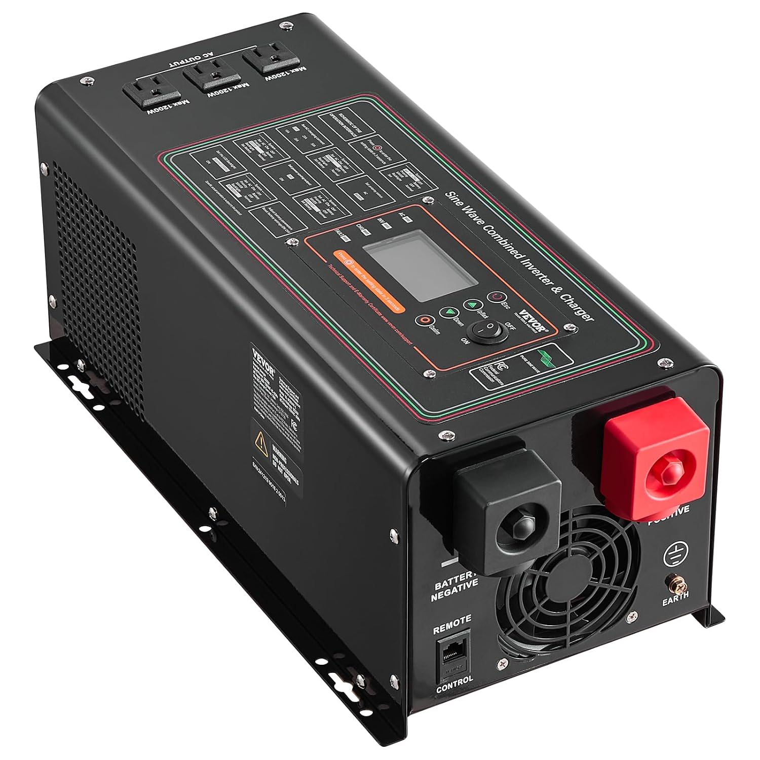VEVOR Pure Sine Wave Inverter Charger, 3000 Watt, DC 24V to AC 120V Power Inverter with LCD Display, Remote Control, Solar Inverter for Off-Grid Solar RV Boat Home, Compatible with Various Batteries