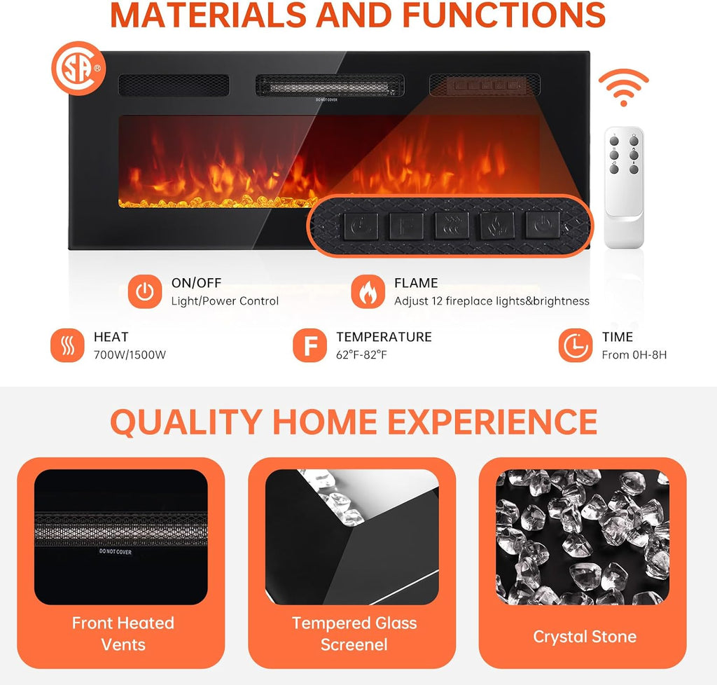 MXV 80' Fireplace TV Stand, Modern Entertainment Center & 36 Inch Electric Fireplace, Remote Control, LED Light, Fire Place Tv Stand for Living Room for TVs up to 90', Black + Black