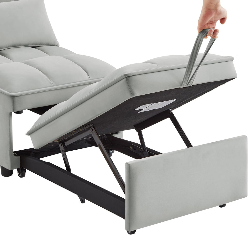 Ball & Cast 4 in 1 Convertible Sleeper Chair, Velvet Single Sofa Bed with Side Pockets,Pull Out Couch with Adjustable Backrest and Pillow, Multi-Function Chaise Lounge for Livingroom,Gray