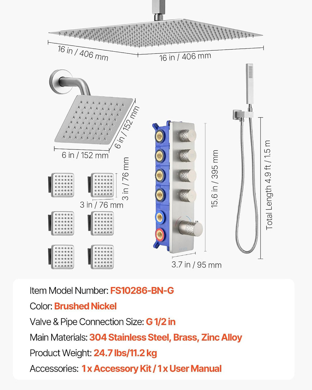 VEVOR Shower Faucet Set, 16 Inch Thermostatic Ceiling Mount Rainfall Shower System with 6 Inch Wall Mount Head, 6 Body Jets and Handheld Spray, Dual Rain Head Brass Valve and Trim Kit, Brushed Nickel