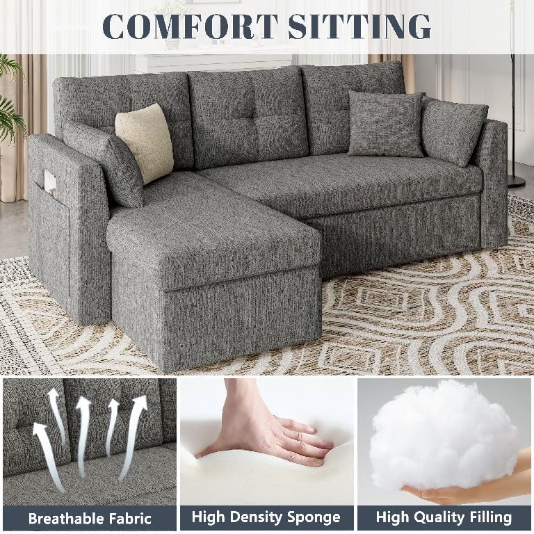 Huatean Home Sleeper Sofa Couch, 2 in 1 Sectional Sleeper Couch Bed with Side Pocket, Pullout Sofa Bed with Storage Chaise for Living Room, Dark Grey
