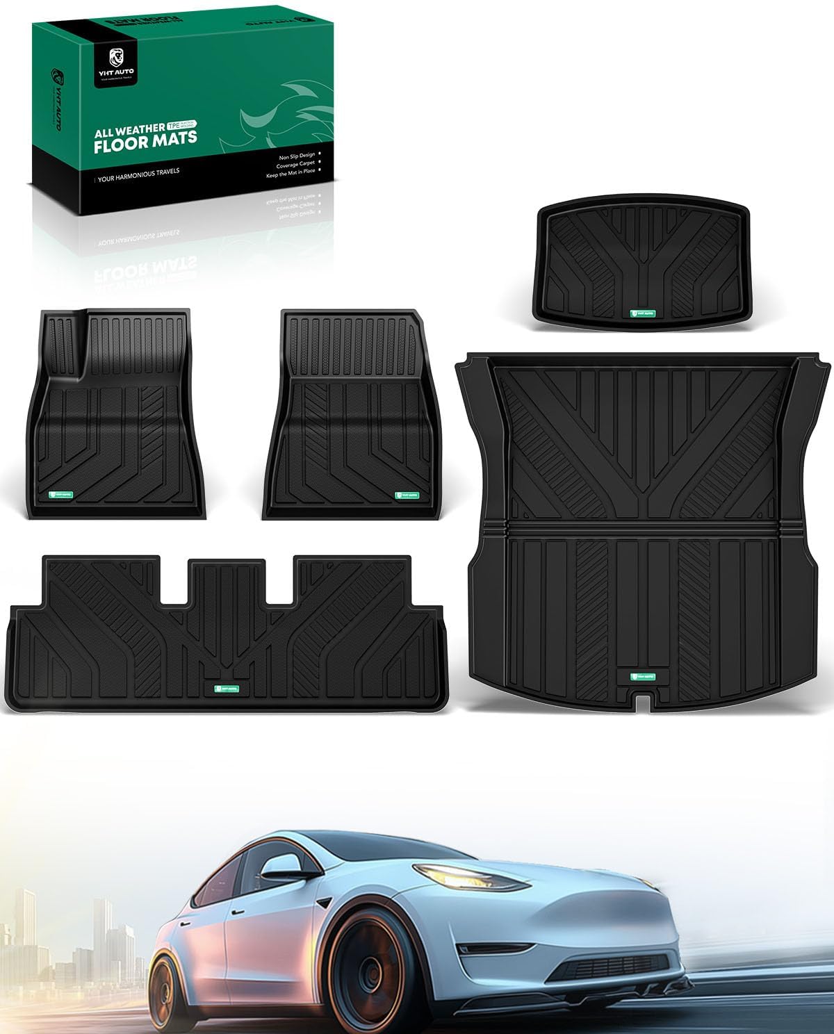 YHTAUTO Floor Mats & Cargo Liners Compatible with Tesla Model 3 Highland 2024 2025 2026, TPE Floor Liners All Weather Custom Fit, 1st & 2nd Row & Cargo Trunk Mat & Lower Storage Mat, Set of 5, Black