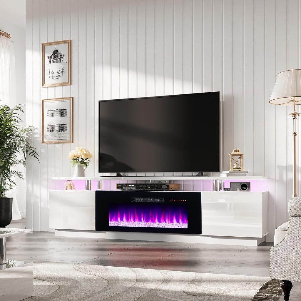 AMERLIFE Fireplace TV Stand with 40' Fireplace, 80' Modern Fireplace Entertainment Center LED Lights, 2 Tier TV Console Cabinet for TVs Up to 90', Ivory White