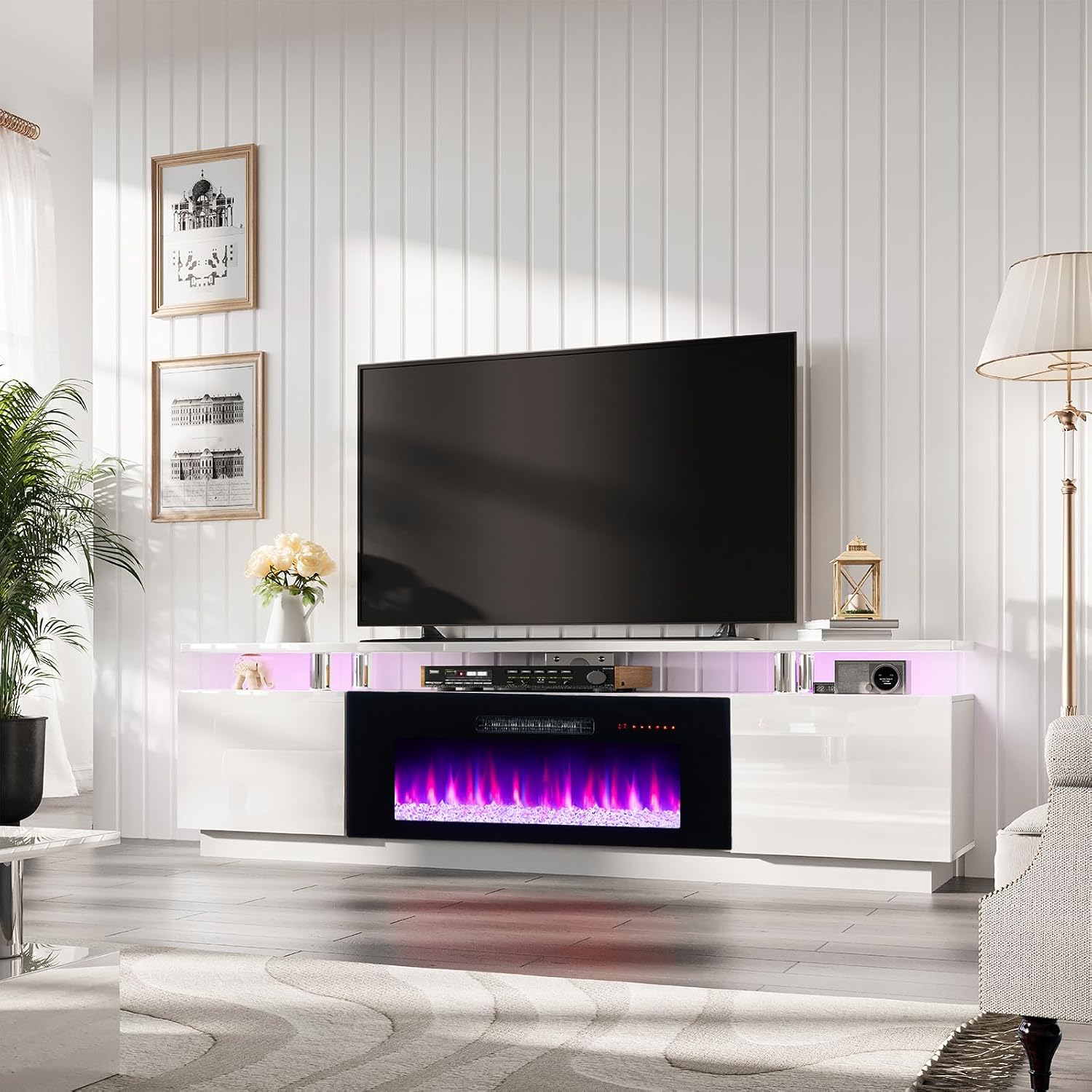 AMERLIFE Fireplace TV Stand with 40' Fireplace, 80' Modern Fireplace Entertainment Center LED Lights, 2 Tier TV Console Cabinet for TVs Up to 90', Ivory White