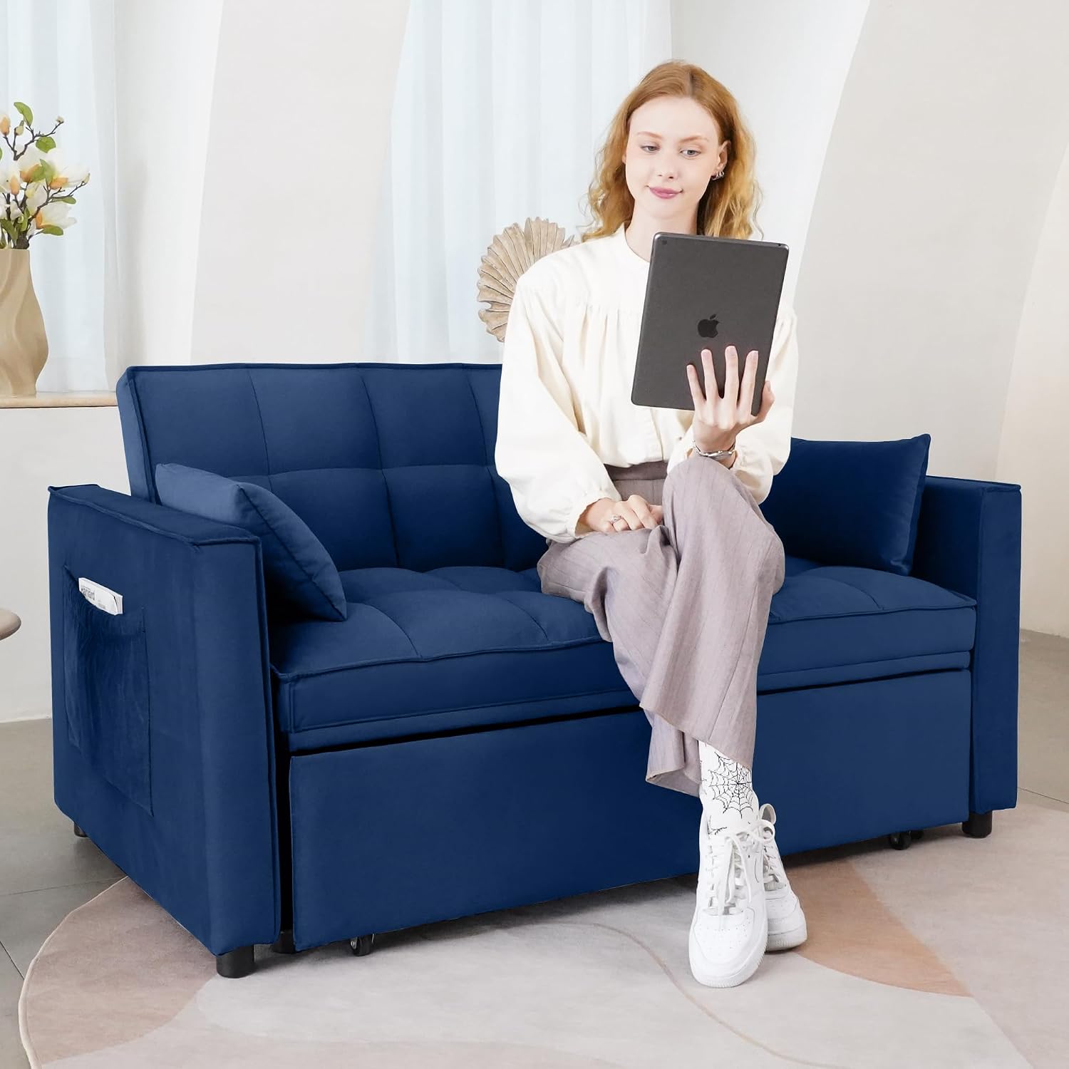 3-in-1 Pull Out Couch, 55.3'' Convertible Futon Sofa Bed, Velvet Sleeper Loveseat with Pillows, Pockets, Small Sofa Cama for Living Room, Apartment, Blue