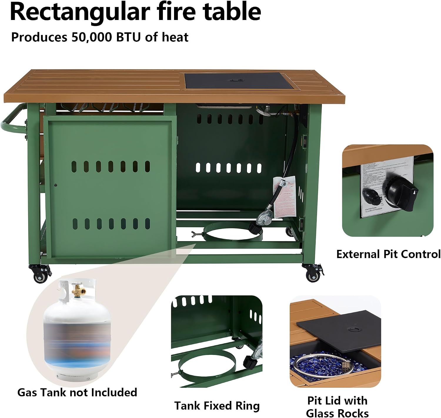 44' Propane Fire Pit, Outdoor Fire Pit Table with Cover, Outdoor Fireplace Gas Fire Pits for Outside Patio, Rectangular Firepit Table with Lid and Glass Rocks for Indoor/Deck/Backyard, Green