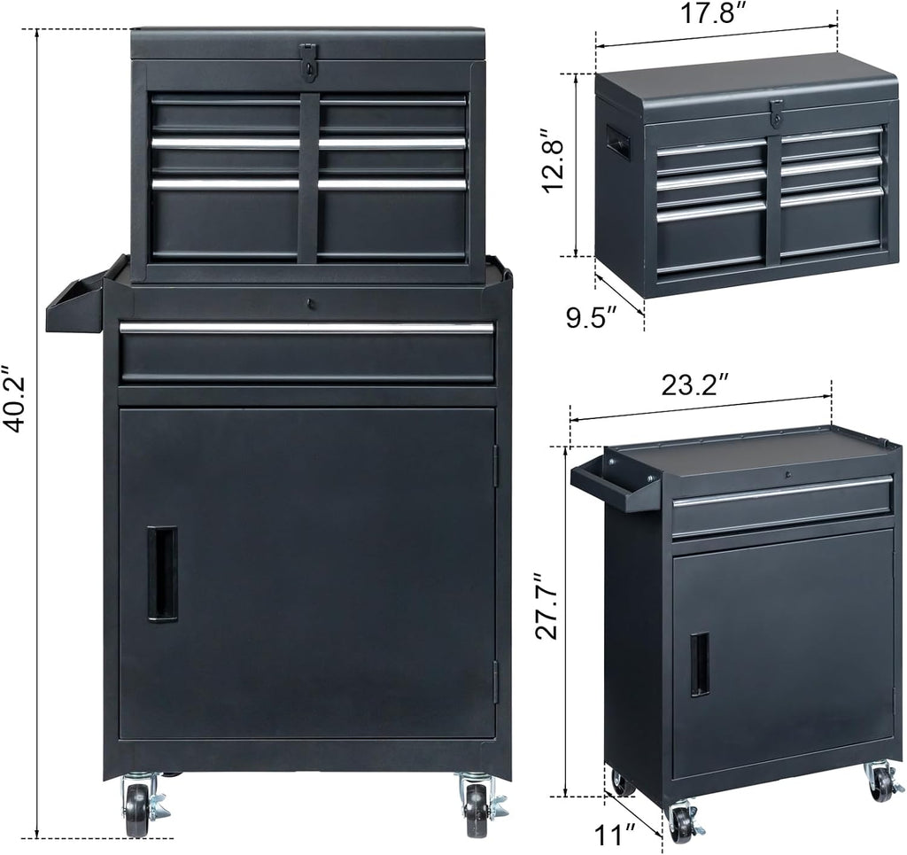 Metal Rolling Tool Box Organizer | Lockable Tool Chest with Wheels | Detachable Top Toolbox with 4 Sliding Drawers & Cabinet | Large Tool Storage Box Organizer for Garage Workshop & Tool Room