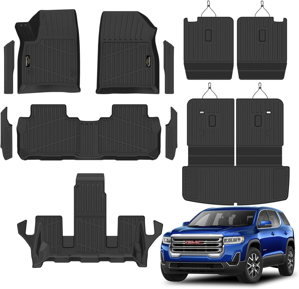 Floor Mats Custom for GMC Acadia 6 Seats 2017-2023 TPE All Weather Cargo Liner with Backrest Mat, 2nd Row Seat Back Protector & Door Sill Guards for Acadia Accessories, Black