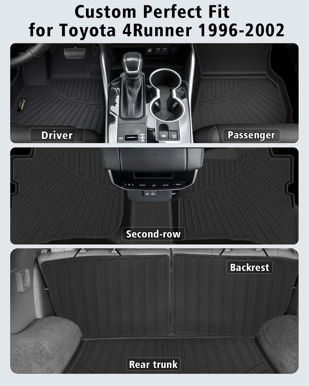 Floor Mats Custom for Toyota 4Runner 1996 1997 1998 1999 2000 2001 2002 Trunk Mat & Backrest Mat All Weather TPE Rubber Cargo Liner Full Set Floor Liners for 3rd Gen 4Runner Accessories, Black