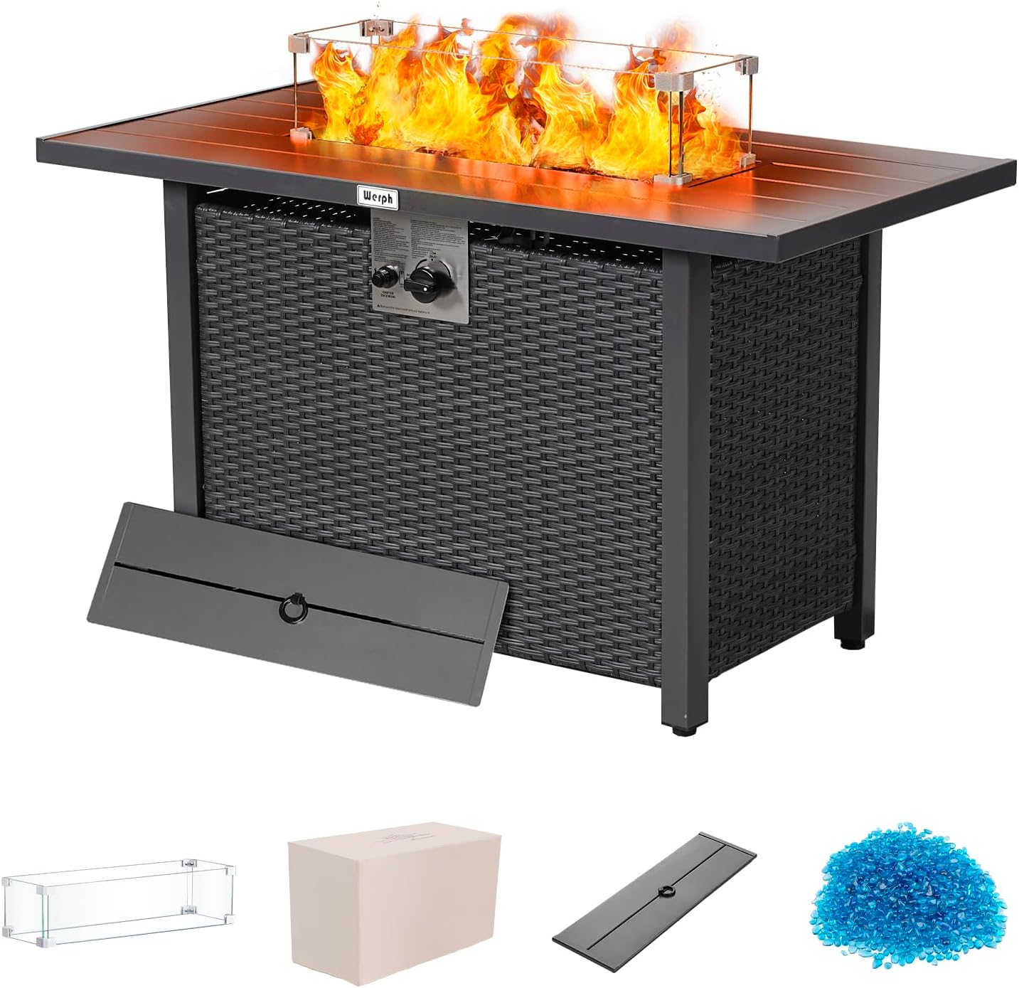 Werph 43' Propane Fire Pit Table with Rattan Fence, 50,000 BTU Gas Fire Pits for Outside Patio with Auto-Ignition, 2-in-1 Fire Table with Natural Lava Rock, Wind Guard& Removable Lid, Black