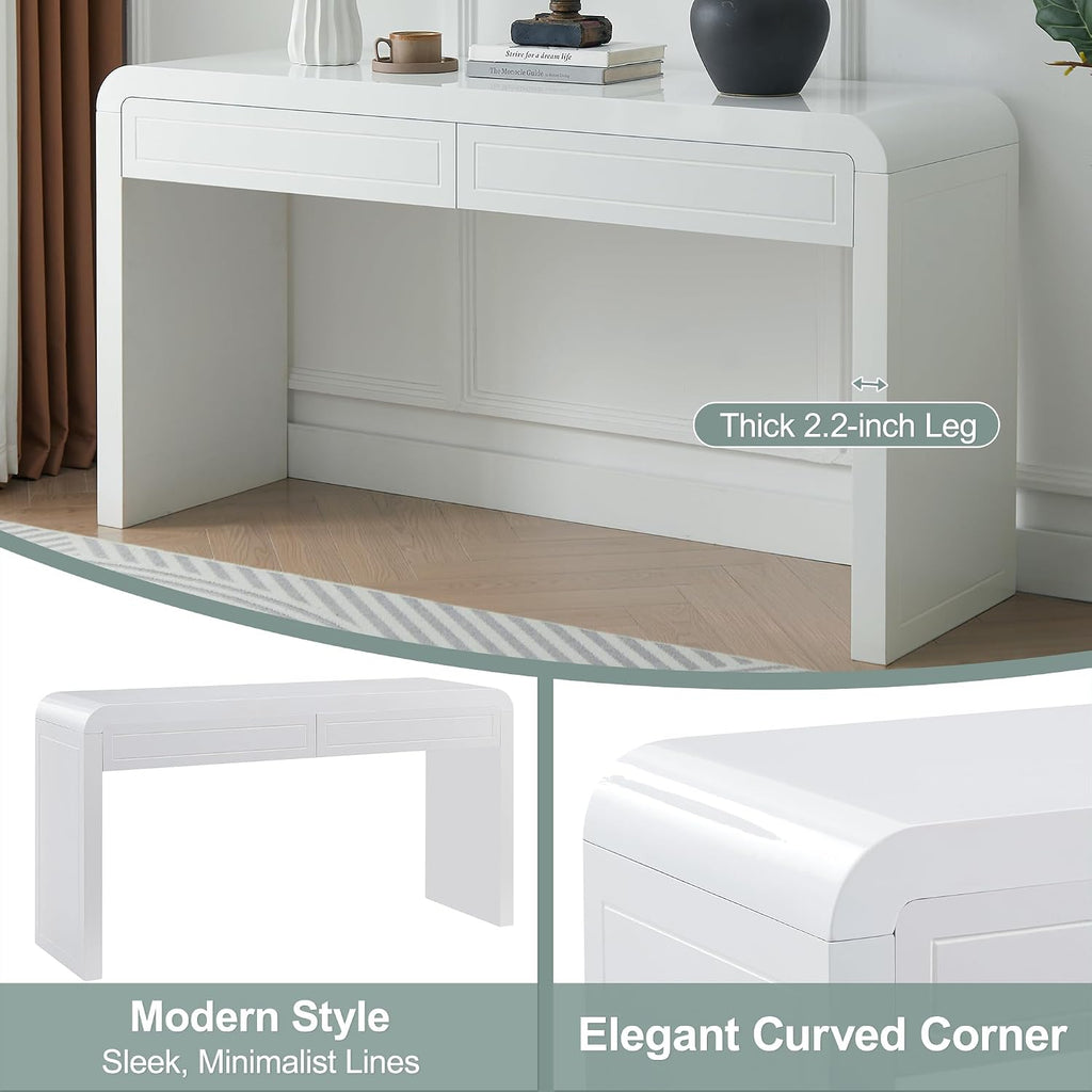 Merax 60' Entryway Console Table with Storage, 2 Drawers with Functional Divider/Retro Curved Design/Behind Couch & Sofa, White
