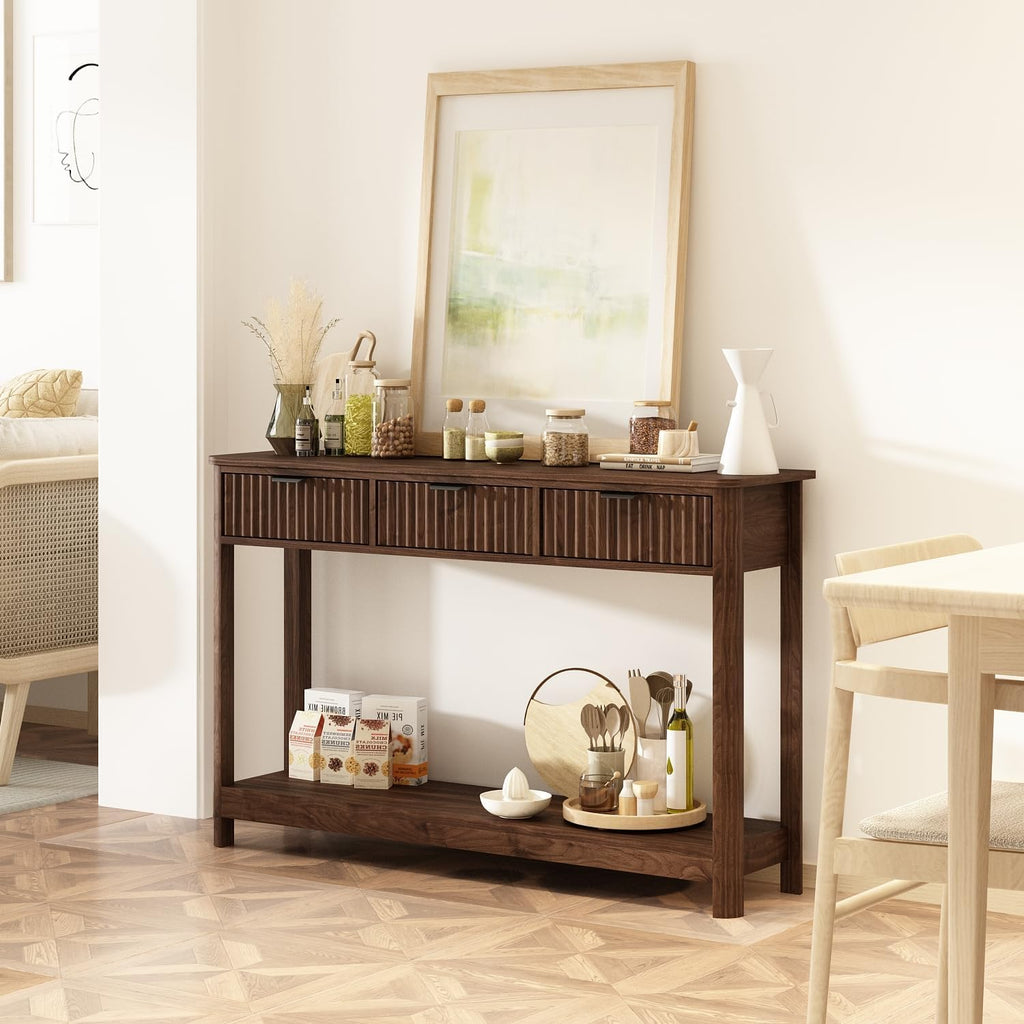 RUSTOWN Fluted Wood Console Table with 3 Drawers, Boho Narrow Behind Couch Entryway Table with Open Storage Shelf, Modern Sofa Table for Living Room, Foyer and Hallway (Dark Walnut)