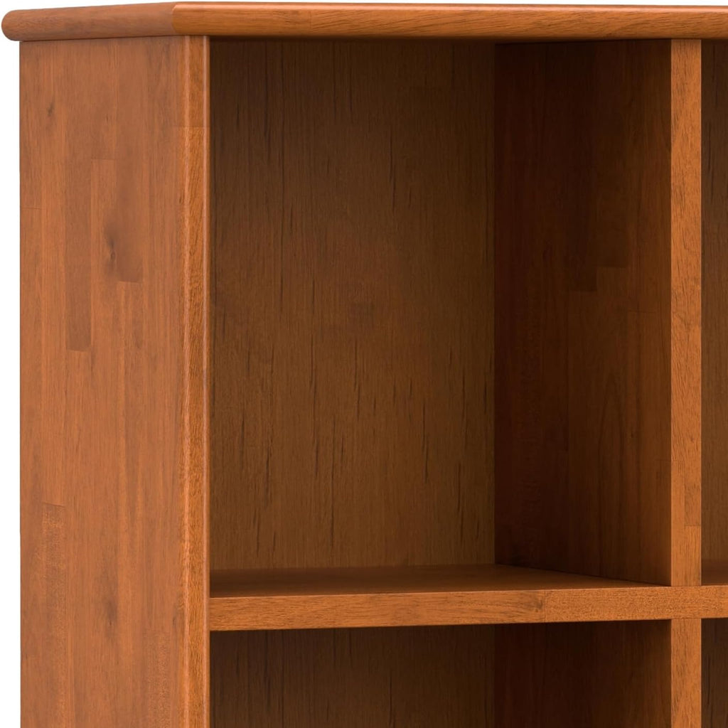 SIMPLIHOME Draper Console Table - 57 Inch Wide Solid Hardwood 8-Cube Sofa Table in Teak Brown, Mid-Century Modern Bookcase for Entryway or Living Room with 8 Open Storage Cubbies and Tapered Legs