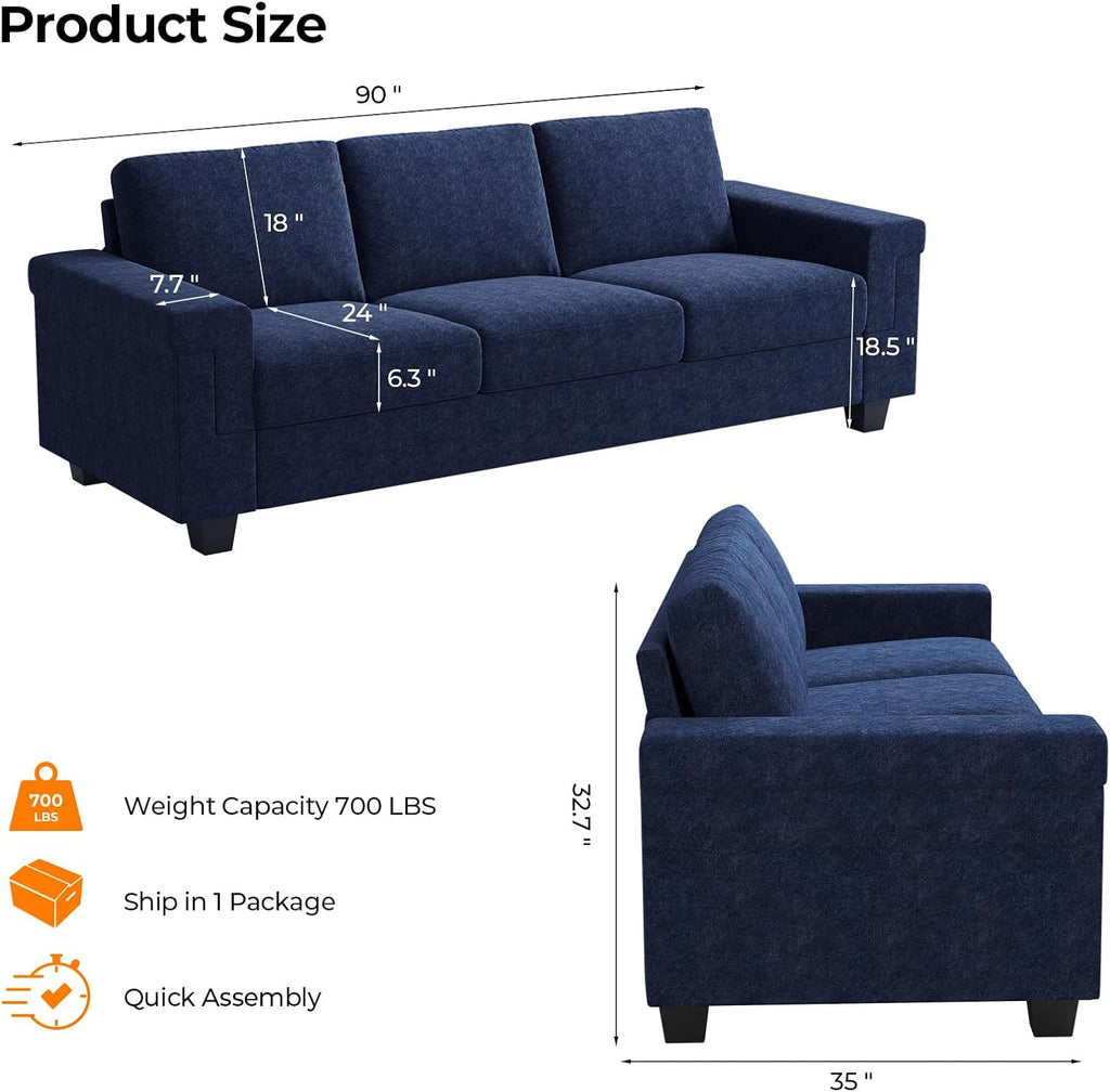 COPIAE 3 Seater Sofa Couch with Deep Seat, 90' Modern Upholstered Sofa with Armrests, Easy Installation, Comfy Couches for Living Room, Apartment, Blue