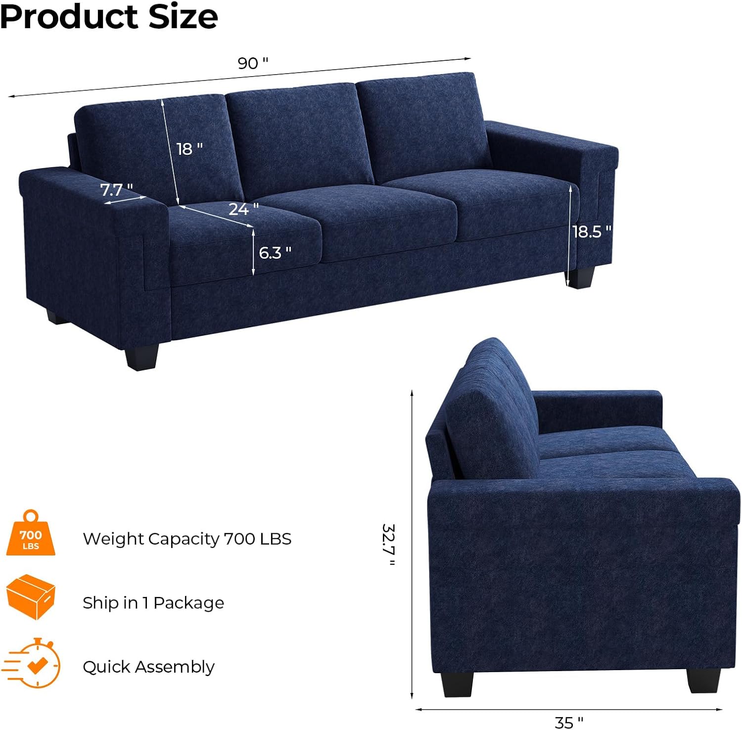 COPIAE 3 Seater Sofa Couch with Deep Seat, 90' Modern Upholstered Sofa with Armrests, Easy Installation, Comfy Couches for Living Room, Apartment, Blue