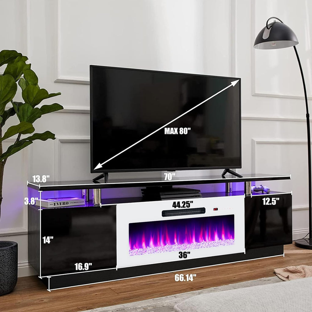 AMERLIFE Fireplace TV Stand with 36' White Fireplace, 70' Modern Fireplace Entertainment Center LED Lights, 2 Tier TV Console Cabinet for TVs Up to 80', Black & White
