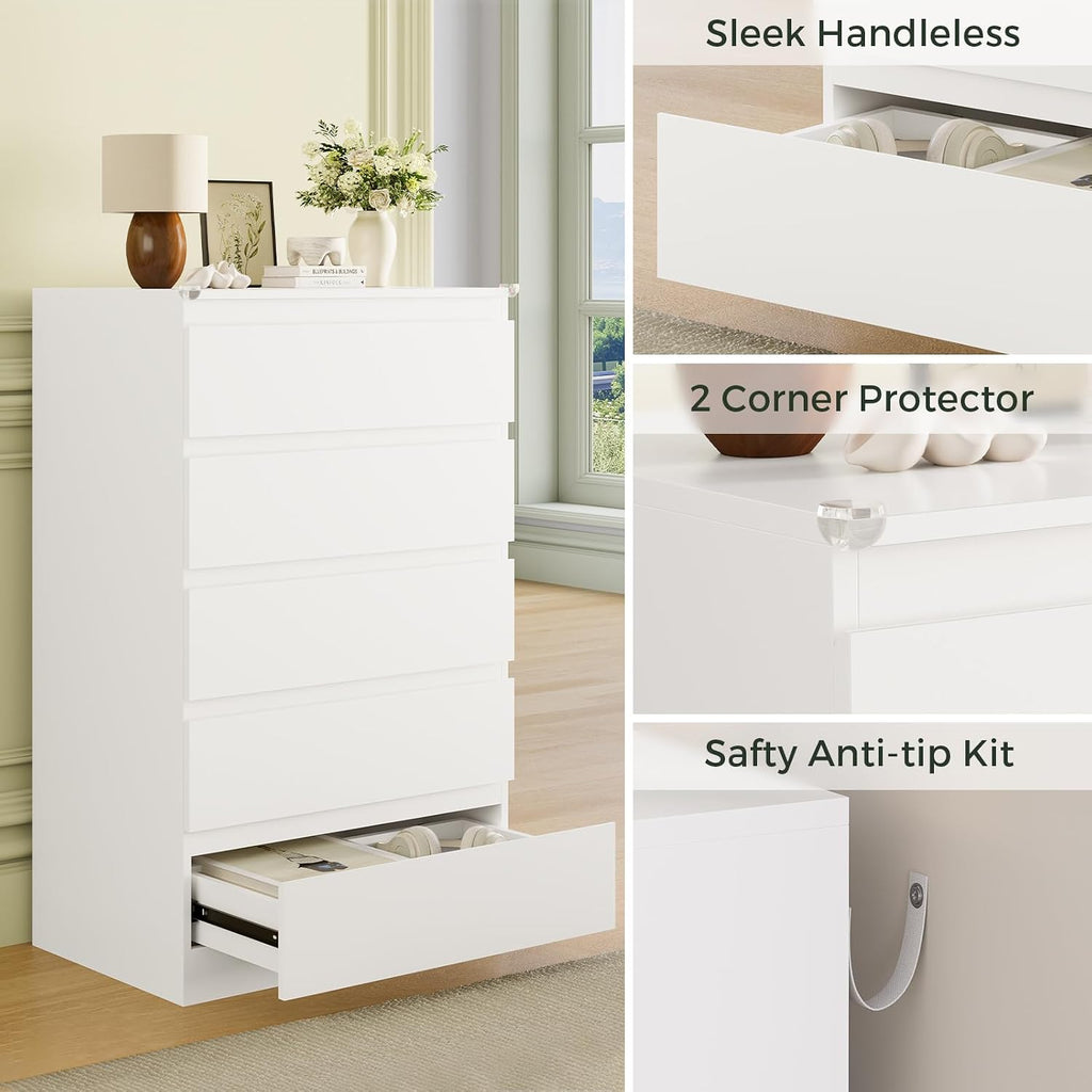 OtterOasis White Wood Dresser for Bedroom, 5 Drawer for Clothes Storage, Modern Dresser with Wide Drawers, Wide Wooden Chest Drawers for Living Room, Entryway, TV Stand