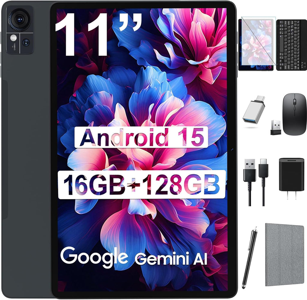 2026 Release 11 inch Tablet, Android 15 Tablets with Keyboard, 16(8+8)GB RAM 128GB ROM 1TB Expand, 2.4G/5G WiFi Tablet with BT 5.0, 13MP Camera, Octa-Core, 8000mAh, GPS, 11' Big Incell Screen-Gray