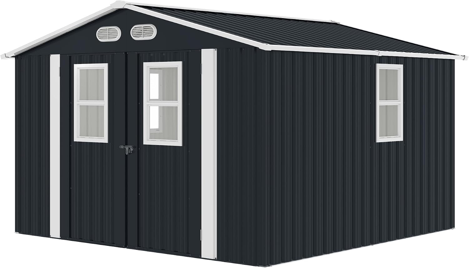 Metal Outdoor Storage Shed, 8x8 ft with Lockable Doors, Four Daylight Windows, Screened Vents, 120 sq ft Storage Space, Outdoor Garden Room ，Outdoor Pet Room (Dark Gray 8x8FT)
