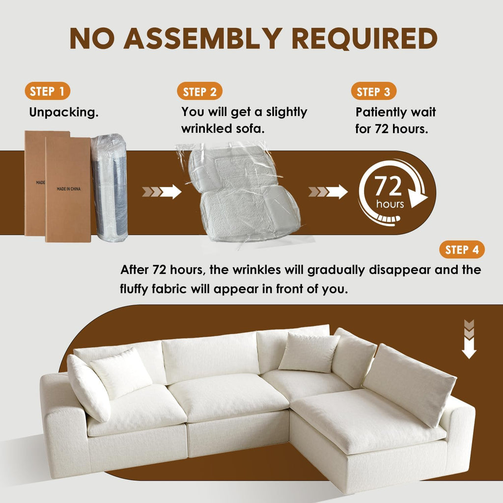 130' Oversized Boneless Cloud Couch, Modular Sectional Couches for Living Room, L-Shaped with Deep Seats, No Assembly Required, 4-Seater Washable Fabric Sleeper Sofa, White