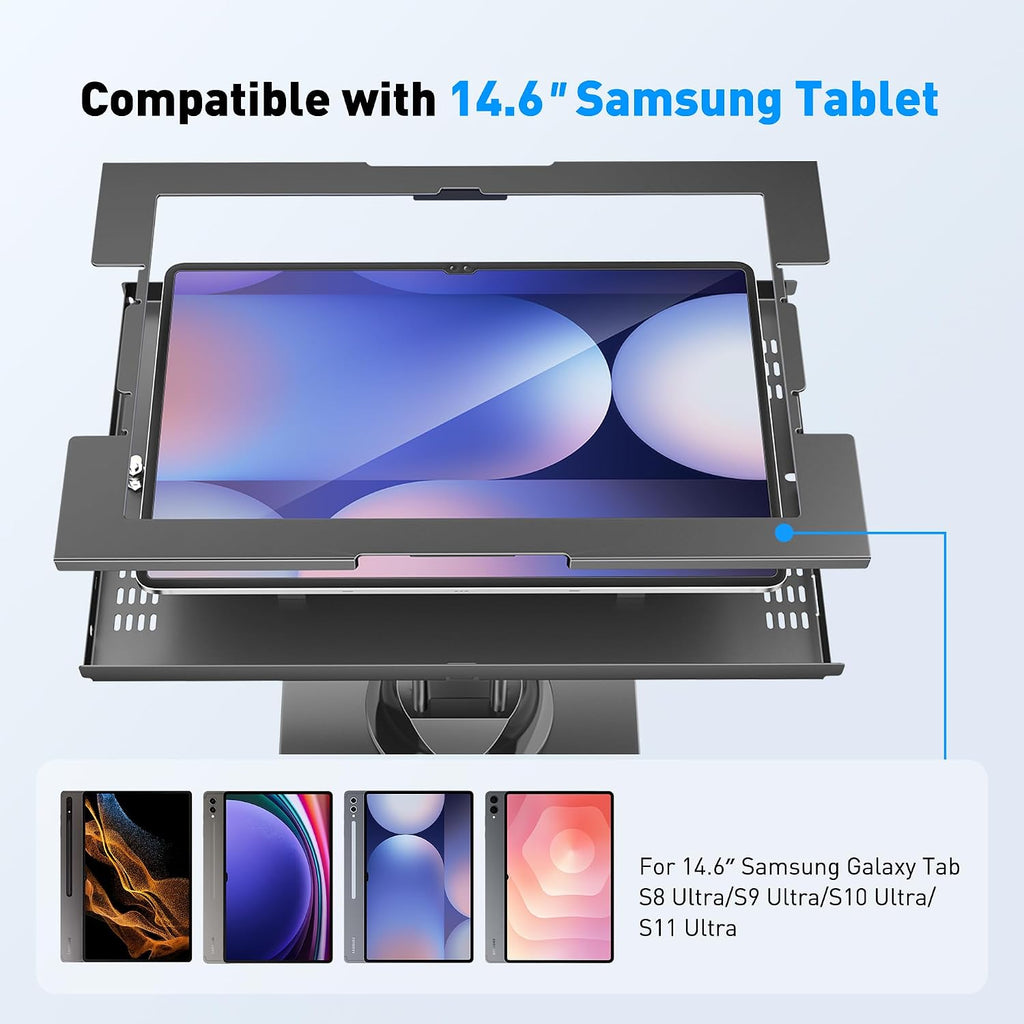 AboveTEK Tablet Floor Stand, Anti-Theft Kiosk Stand, Height Adjustable Tablet Stand Floor with Locking System, for 14.6' Samsung Galaxy Tab S8 Ultra, S9 Ultra, S10 Ultra, S11 Ultra, for Retail & POS
