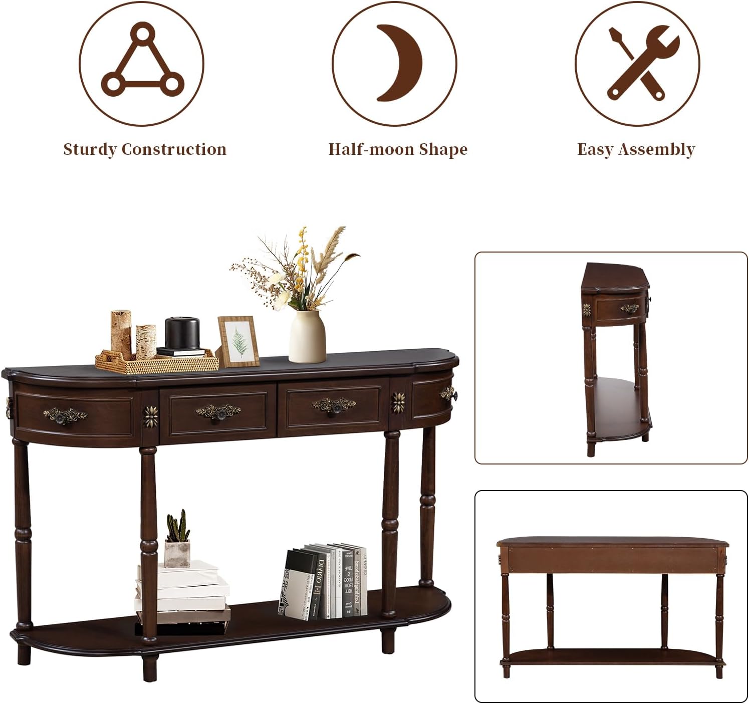 Retro Curved Console Table, 52' Half Moon Console Table Sofa Table Entryway Table with 2 Drawers 1 Open Shelf Solid Pine Legs for Living Room,Entryway,Hallway,Espresso