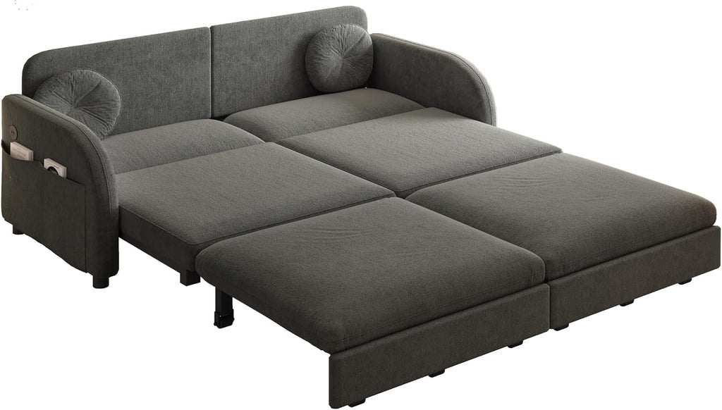 65.4'' Pull Out Couch Bed Queen Size, Chenille Sleeper Sofa Daybed, 3 in 1 Convertible Couches, Futon Sofa with 2 Pillows, Storage Pockets, USB, Loveseat for Living Room, Small Spaces, Grey