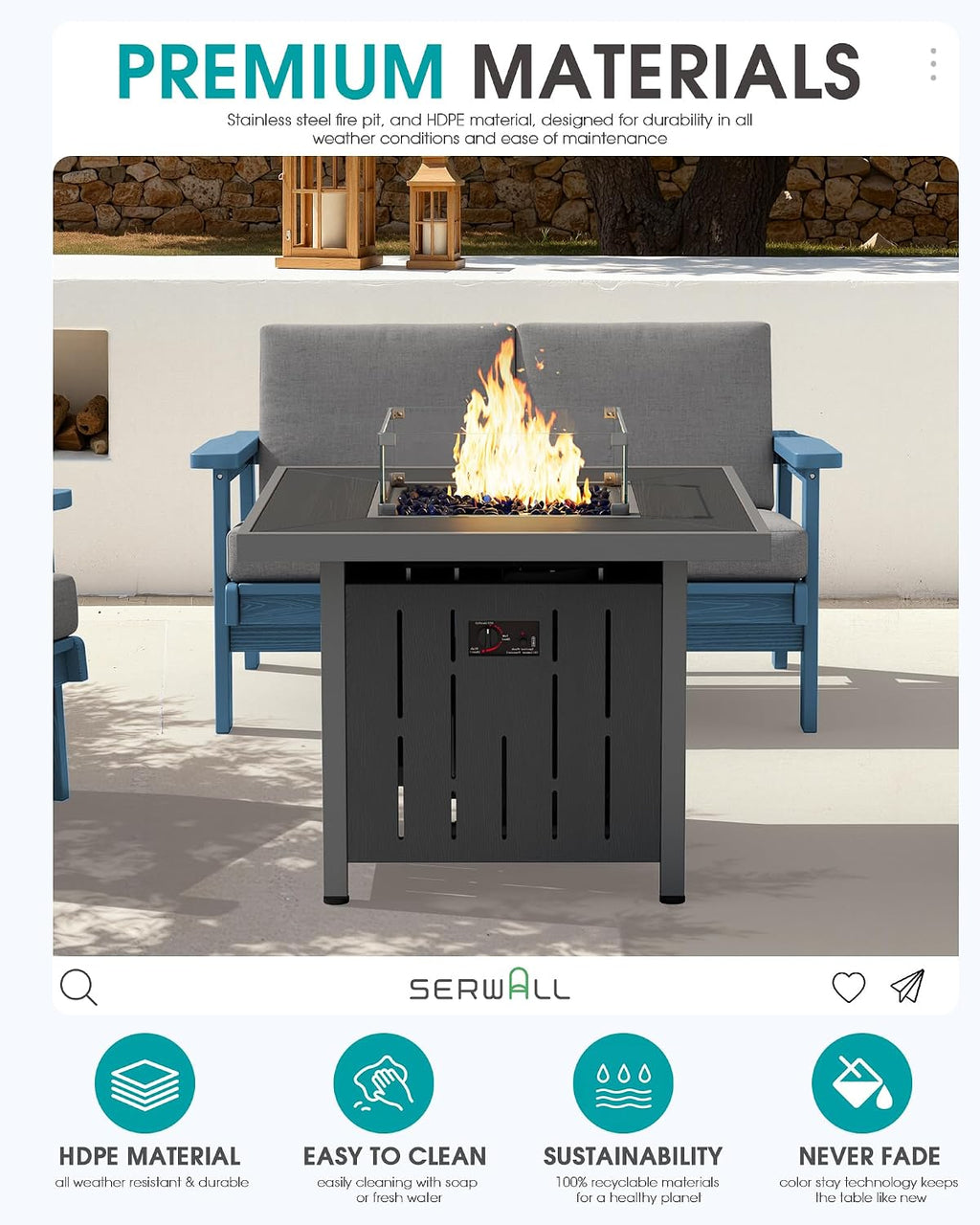 SERWALL 33' Outdoor Fire Pit Table, 50,000 BTU Square Propane Fire Pit Table with Lid, Glass Rock & Glass Wind Guard, HDPE Outdoor Furniture for Patio, Garden, Backyard, Black